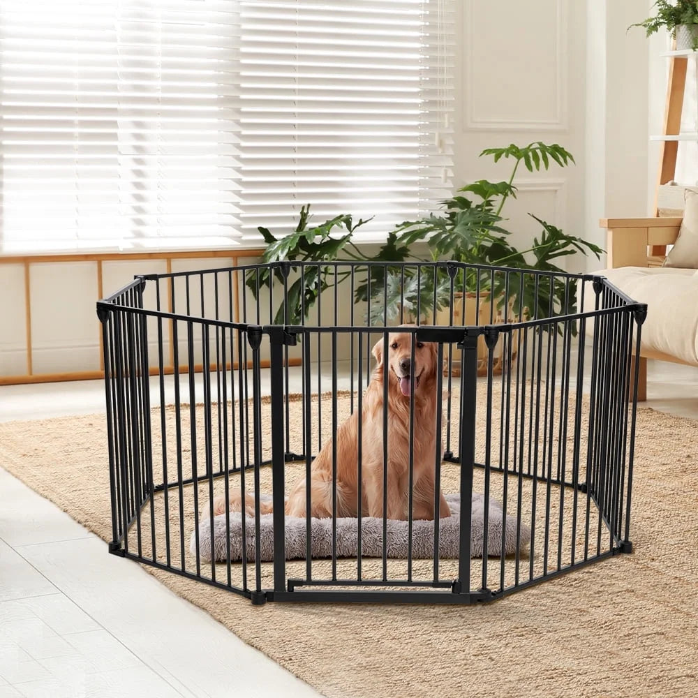 Pet Gates,  Dog Playpen 8Panel 198" Extra Wide 30" Tall Fireplace Fence Playard, Black